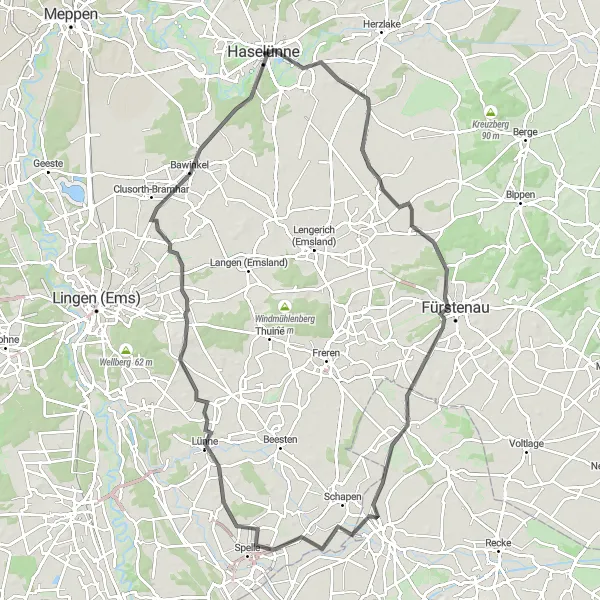 Map miniature of "The challenging loop" cycling inspiration in Weser-Ems, Germany. Generated by Tarmacs.app cycling route planner