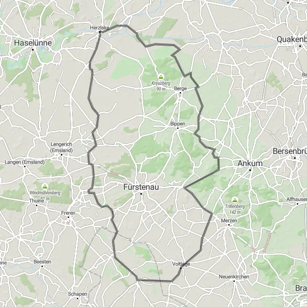 Map miniature of "Countryside Cycling in Herzlake" cycling inspiration in Weser-Ems, Germany. Generated by Tarmacs.app cycling route planner