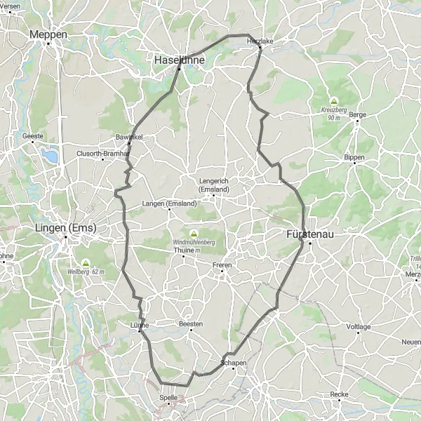 Map miniature of "Herzlake to Haselünne Scenic Road Cycling Route" cycling inspiration in Weser-Ems, Germany. Generated by Tarmacs.app cycling route planner