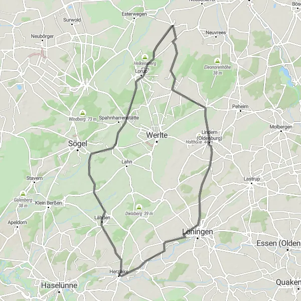 Map miniature of "Herzlake to Löningen Gravel Cycling Route" cycling inspiration in Weser-Ems, Germany. Generated by Tarmacs.app cycling route planner