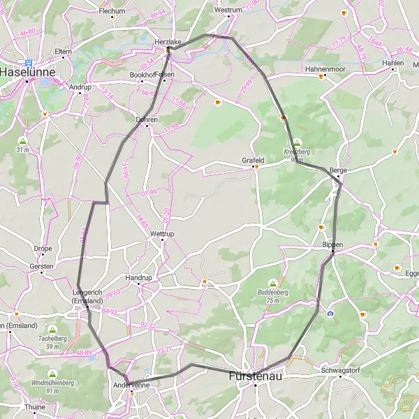 Map miniature of "Herzlake to Dohren Road Cycling Route" cycling inspiration in Weser-Ems, Germany. Generated by Tarmacs.app cycling route planner