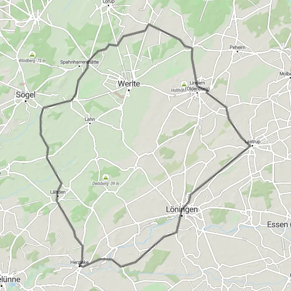 Map miniature of "Herzlake to Löningen Road Cycling Route" cycling inspiration in Weser-Ems, Germany. Generated by Tarmacs.app cycling route planner