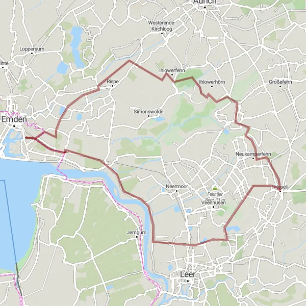 Karten-Miniaturansicht der Radinspiration "Gravelbike-Tour Hesel - Neukamperfehn" in Weser-Ems, Germany. Erstellt vom Tarmacs.app-Routenplaner für Radtouren
