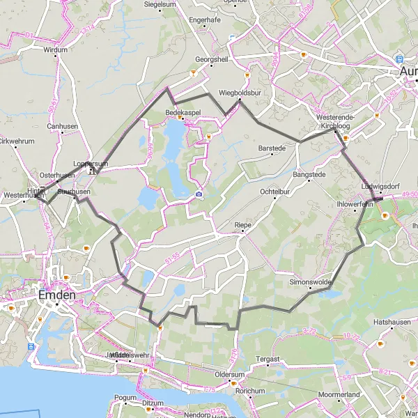 Karten-Miniaturansicht der Radinspiration "Radtour von Hinte nach Loppersum" in Weser-Ems, Germany. Erstellt vom Tarmacs.app-Routenplaner für Radtouren