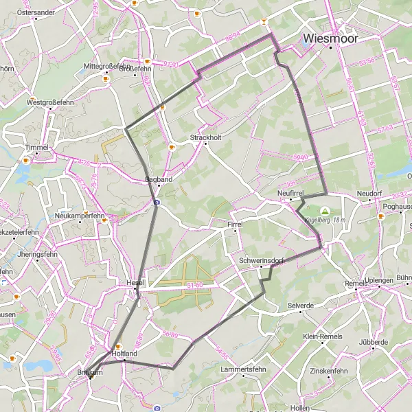 Map miniature of "Hesel and Spetzerfehn Road Loop" cycling inspiration in Weser-Ems, Germany. Generated by Tarmacs.app cycling route planner