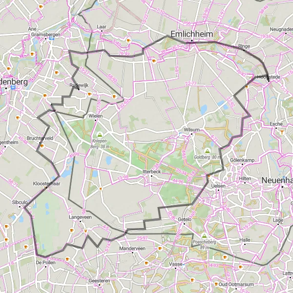 Karten-Miniaturansicht der Radinspiration "Hoogstede - Wellberg - Bruchterveld - Radewijk - Emlichheim Rundweg" in Weser-Ems, Germany. Erstellt vom Tarmacs.app-Routenplaner für Radtouren