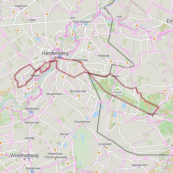 Map miniature of "Ratzelberg and Hardenberg Gravel Loop" cycling inspiration in Weser-Ems, Germany. Generated by Tarmacs.app cycling route planner