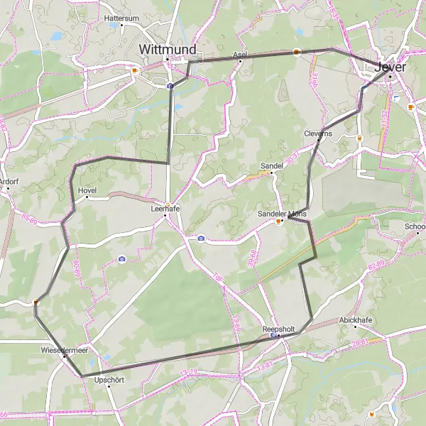 Karten-Miniaturansicht der Radinspiration "Küstenstraße nach Jever" in Weser-Ems, Germany. Erstellt vom Tarmacs.app-Routenplaner für Radtouren