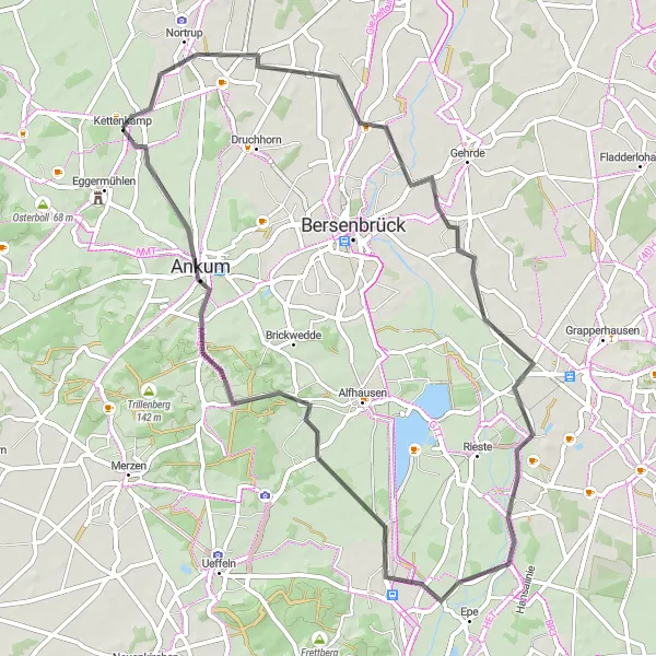 Karten-Miniaturansicht der Radinspiration "Rundfahrt von Kettenkamp" in Weser-Ems, Germany. Erstellt vom Tarmacs.app-Routenplaner für Radtouren