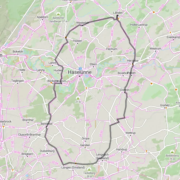 Map miniature of "The Emsland Escape" cycling inspiration in Weser-Ems, Germany. Generated by Tarmacs.app cycling route planner