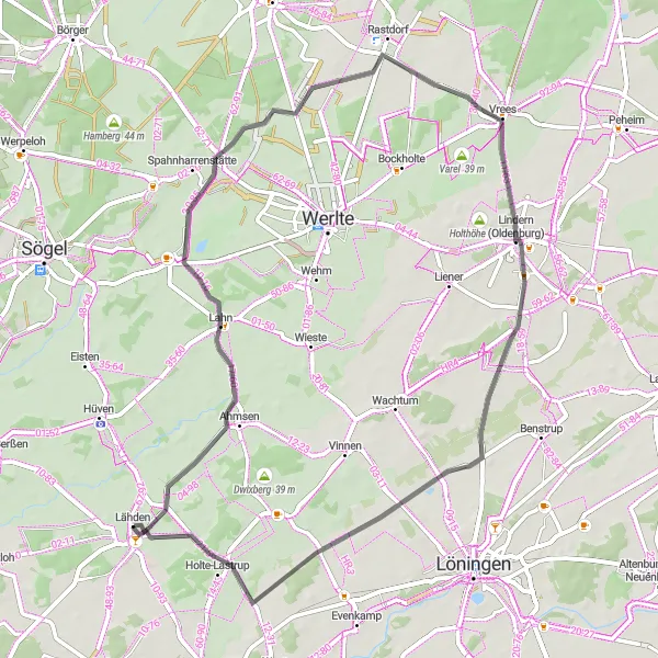 Map miniature of "The Moorwiesen Circuit" cycling inspiration in Weser-Ems, Germany. Generated by Tarmacs.app cycling route planner