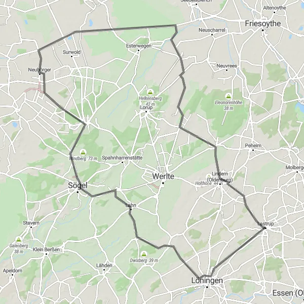 Map miniature of "Lastrup and Surrounding Towns Road Cycling Route" cycling inspiration in Weser-Ems, Germany. Generated by Tarmacs.app cycling route planner