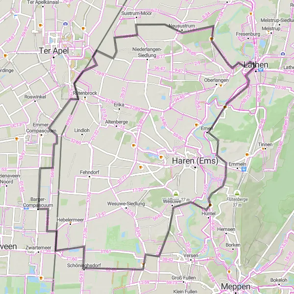 Map miniature of "Road Cycling through Hüntel and Rütenbrock" cycling inspiration in Weser-Ems, Germany. Generated by Tarmacs.app cycling route planner
