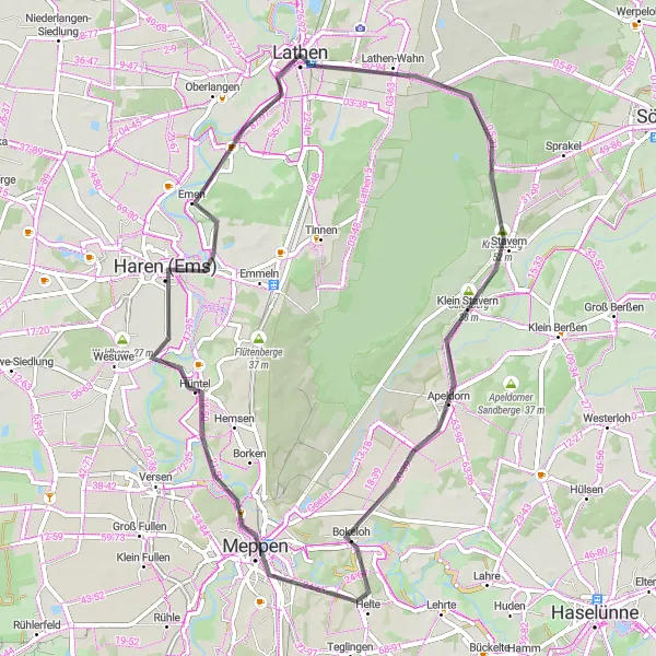 Karten-Miniaturansicht der Radinspiration "Hügeliges Terrain um Meppen" in Weser-Ems, Germany. Erstellt vom Tarmacs.app-Routenplaner für Radtouren
