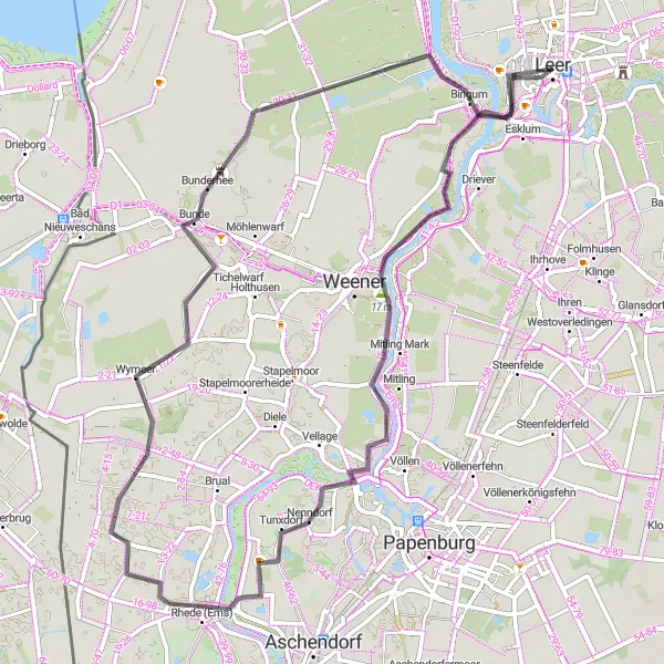 Map miniature of "Leer Road Adventure" cycling inspiration in Weser-Ems, Germany. Generated by Tarmacs.app cycling route planner