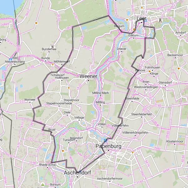 Map miniature of "Leer Road Route" cycling inspiration in Weser-Ems, Germany. Generated by Tarmacs.app cycling route planner