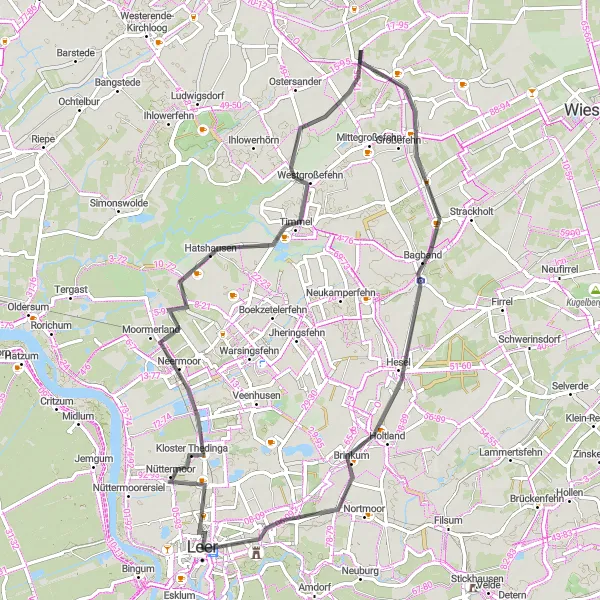 Map miniature of "Leer Loop" cycling inspiration in Weser-Ems, Germany. Generated by Tarmacs.app cycling route planner