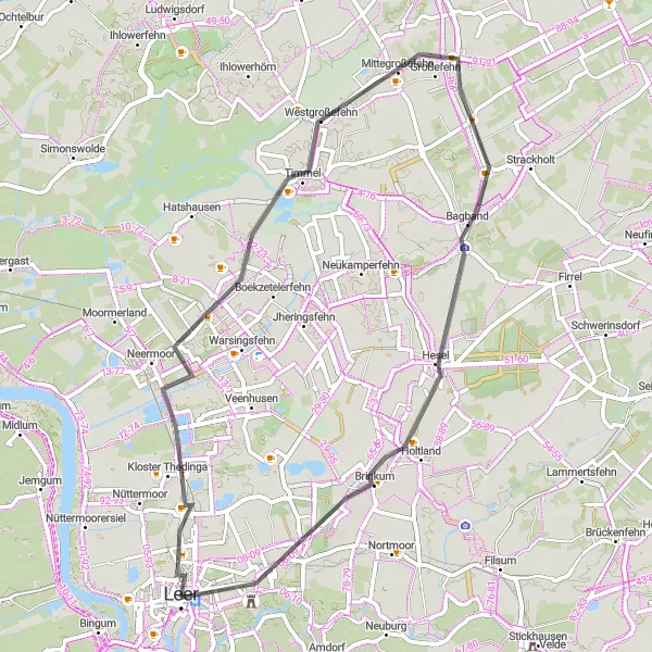 Karten-Miniaturansicht der Radinspiration "Rennradtour durch die grünen Weiten um Leer" in Weser-Ems, Germany. Erstellt vom Tarmacs.app-Routenplaner für Radtouren