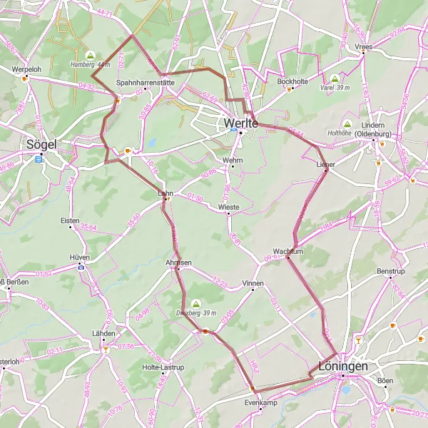 Karten-Miniaturansicht der Radinspiration "Gravel-Abenteuer durch Löningen" in Weser-Ems, Germany. Erstellt vom Tarmacs.app-Routenplaner für Radtouren