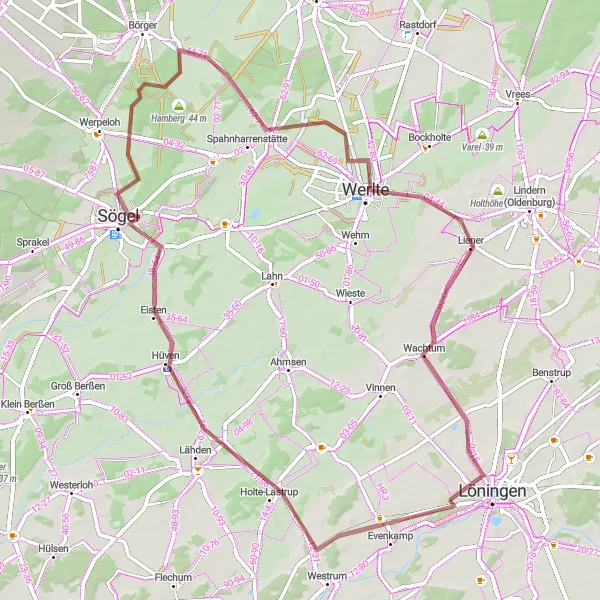 Map miniature of "Hüven to Löningen Gravel Adventure" cycling inspiration in Weser-Ems, Germany. Generated by Tarmacs.app cycling route planner