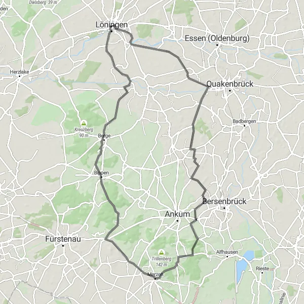 Map miniature of "Löningen and Surrounding Beauties" cycling inspiration in Weser-Ems, Germany. Generated by Tarmacs.app cycling route planner