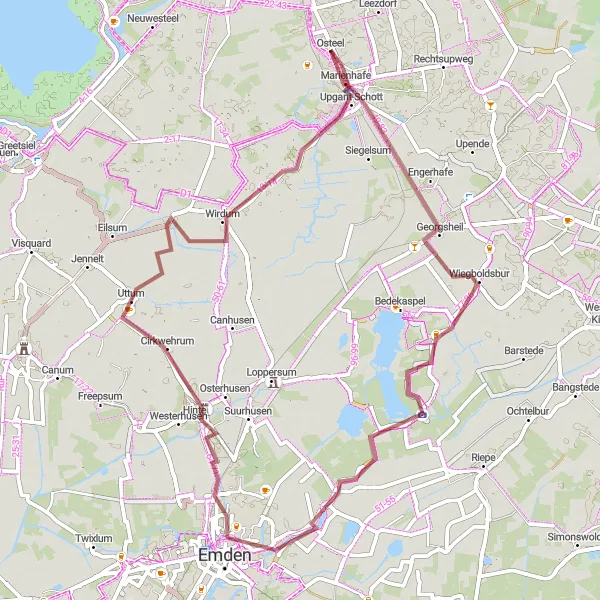 Map miniature of "Gravel Adventure through Weser-Ems" cycling inspiration in Weser-Ems, Germany. Generated by Tarmacs.app cycling route planner