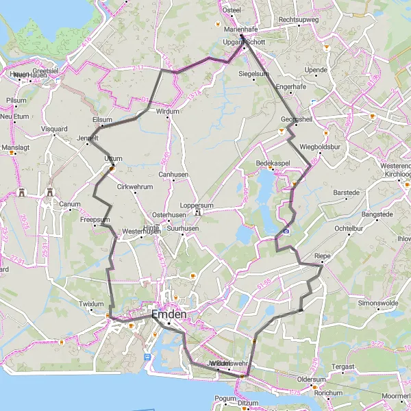 Map miniature of "Marienhafe Round Trip" cycling inspiration in Weser-Ems, Germany. Generated by Tarmacs.app cycling route planner