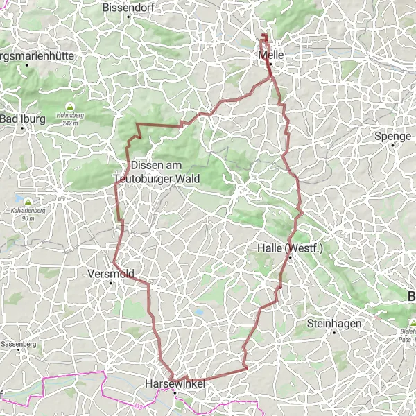 Karten-Miniaturansicht der Radinspiration "Gravel Tour um Melle" in Weser-Ems, Germany. Erstellt vom Tarmacs.app-Routenplaner für Radtouren