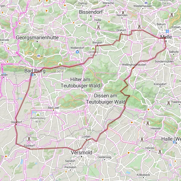 Map miniature of "Melle Gravel Route" cycling inspiration in Weser-Ems, Germany. Generated by Tarmacs.app cycling route planner