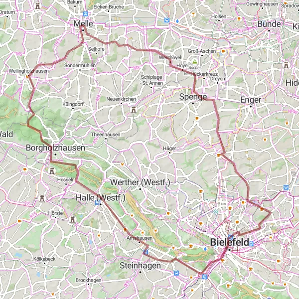 Karten-Miniaturansicht der Radinspiration "Von Melle nach Wellingholzhausen Radtour" in Weser-Ems, Germany. Erstellt vom Tarmacs.app-Routenplaner für Radtouren