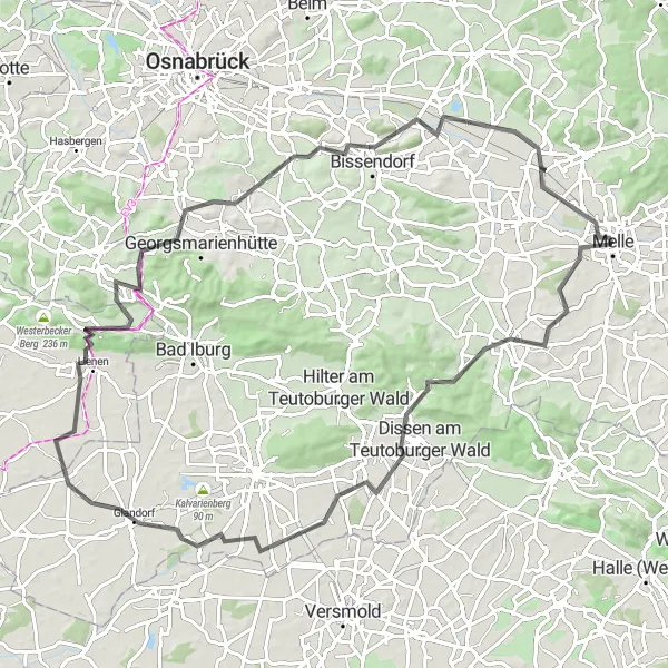 Map miniature of "Melle Road Route" cycling inspiration in Weser-Ems, Germany. Generated by Tarmacs.app cycling route planner