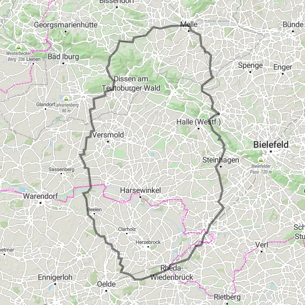 Karten-Miniaturansicht der Radinspiration "Weitläufige Radtour ab Melle" in Weser-Ems, Germany. Erstellt vom Tarmacs.app-Routenplaner für Radtouren