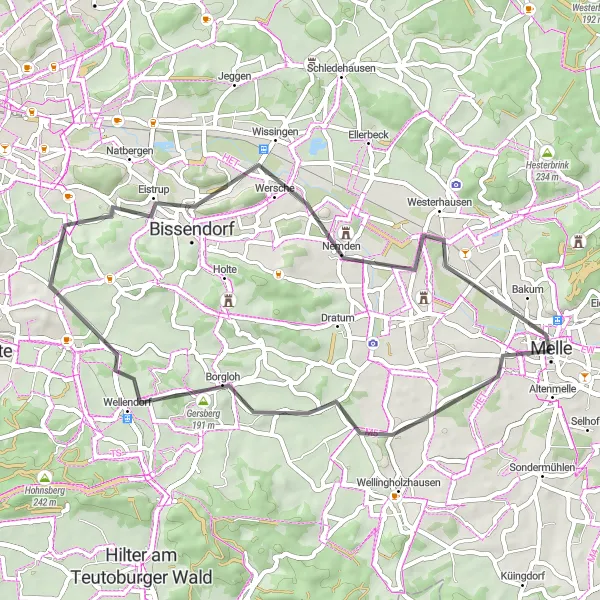 Map miniature of "Melle Short Road Route" cycling inspiration in Weser-Ems, Germany. Generated by Tarmacs.app cycling route planner