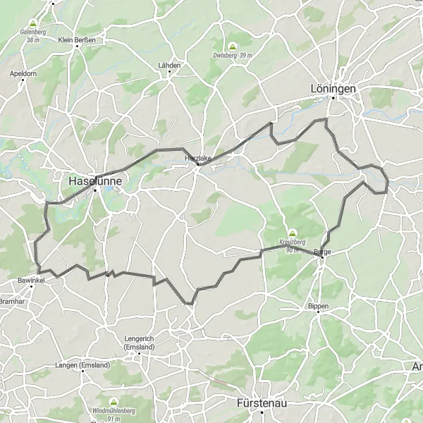 Karten-Miniaturansicht der Radinspiration "Panoramatische Road-Tour ab Menslage" in Weser-Ems, Germany. Erstellt vom Tarmacs.app-Routenplaner für Radtouren