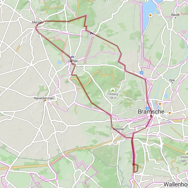 Map miniature of "Scenic Gravel Ride from Merzen to Ueffeln" cycling inspiration in Weser-Ems, Germany. Generated by Tarmacs.app cycling route planner