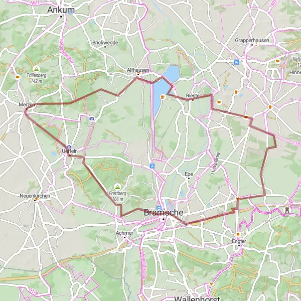 Map miniature of "Gravel Adventure from Merzen to Kettelsberg" cycling inspiration in Weser-Ems, Germany. Generated by Tarmacs.app cycling route planner