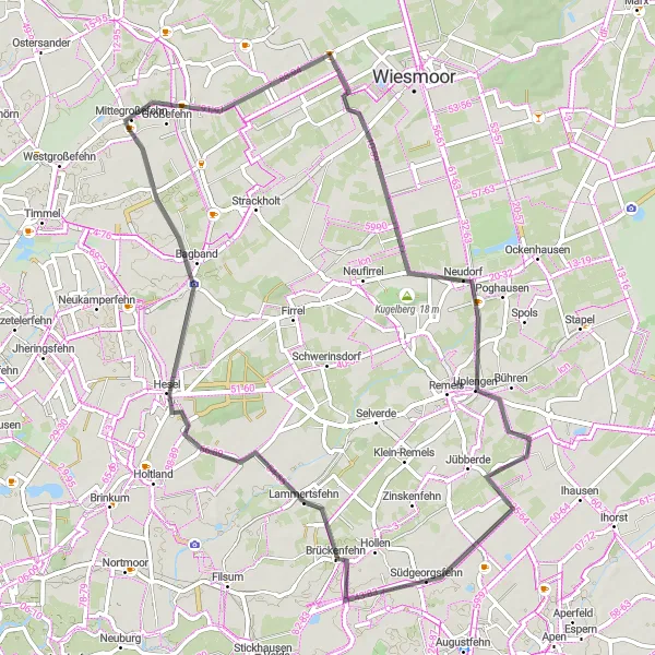 Karten-Miniaturansicht der Radinspiration "Entlang der Kanäle von Ostfriesland" in Weser-Ems, Germany. Erstellt vom Tarmacs.app-Routenplaner für Radtouren