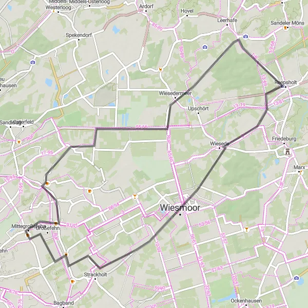 Map miniature of "Ostgroßefehn and Beyond" cycling inspiration in Weser-Ems, Germany. Generated by Tarmacs.app cycling route planner