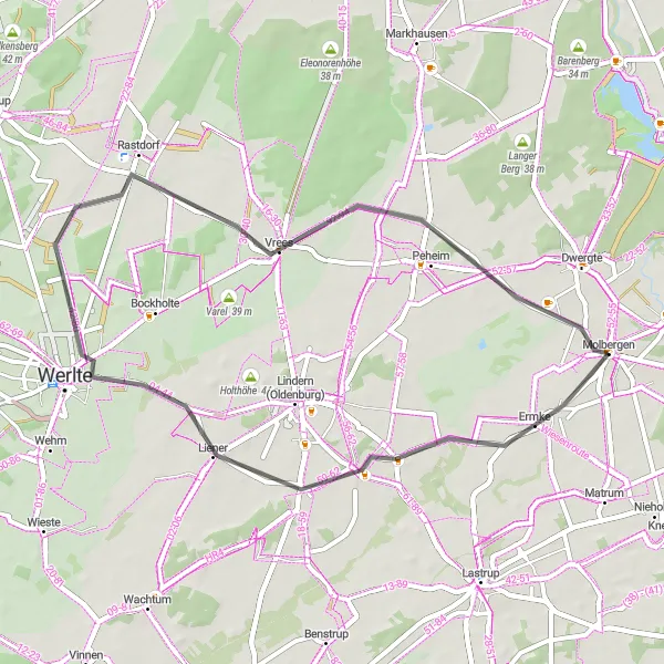 Karten-Miniaturansicht der Radinspiration "Erlebnis rund um Werlte" in Weser-Ems, Germany. Erstellt vom Tarmacs.app-Routenplaner für Radtouren