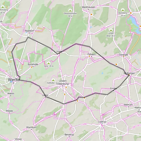 Map miniature of "Molbergen to Peheim Road Route" cycling inspiration in Weser-Ems, Germany. Generated by Tarmacs.app cycling route planner