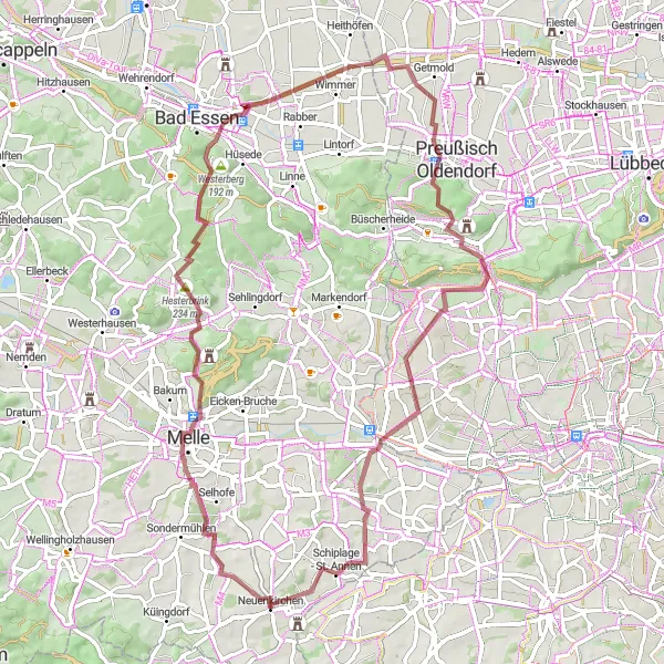 Map miniature of "Off-The-Beaten-Track Gravel Ride" cycling inspiration in Weser-Ems, Germany. Generated by Tarmacs.app cycling route planner