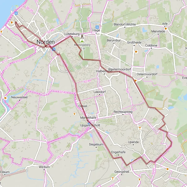 Map miniature of "Gravel Adventure in Weser-Ems" cycling inspiration in Weser-Ems, Germany. Generated by Tarmacs.app cycling route planner