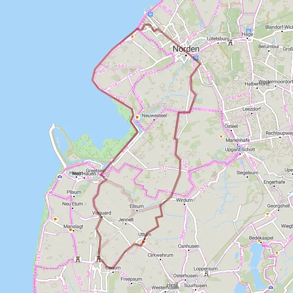 Karten-Miniaturansicht der Radinspiration "Abenteuerliche Gravel-Tour durch Ostfriesland" in Weser-Ems, Germany. Erstellt vom Tarmacs.app-Routenplaner für Radtouren