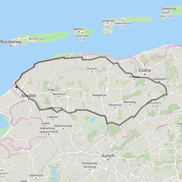 Map miniature of "The Coastal Loop" cycling inspiration in Weser-Ems, Germany. Generated by Tarmacs.app cycling route planner