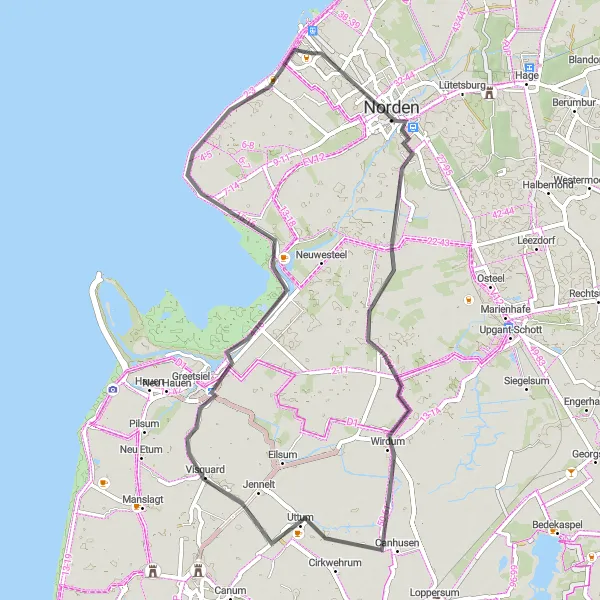 Map miniature of "Norddeich and Greetsiel Loop" cycling inspiration in Weser-Ems, Germany. Generated by Tarmacs.app cycling route planner