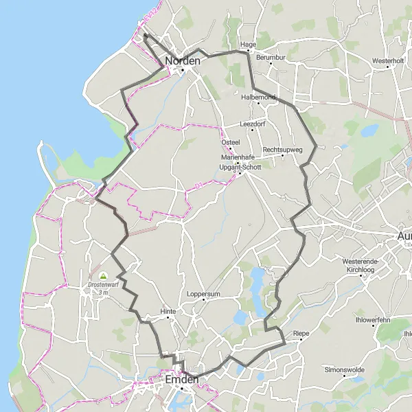 Map miniature of "Norddeich to Emden Loop" cycling inspiration in Weser-Ems, Germany. Generated by Tarmacs.app cycling route planner