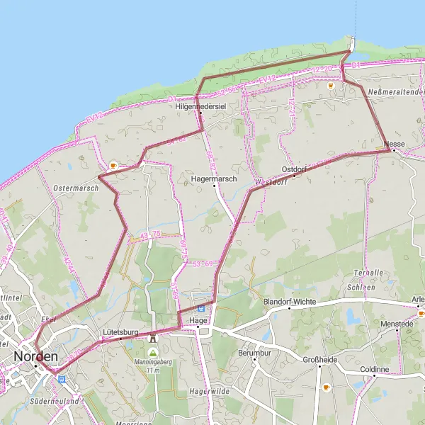 Map miniature of "Coastal Discovery Gravel Route" cycling inspiration in Weser-Ems, Germany. Generated by Tarmacs.app cycling route planner