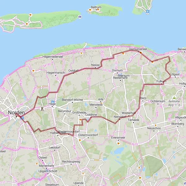 Map miniature of "Norden - Lütetsburg - Nesse - Fulkum - Großheide - Süderneuland I" cycling inspiration in Weser-Ems, Germany. Generated by Tarmacs.app cycling route planner
