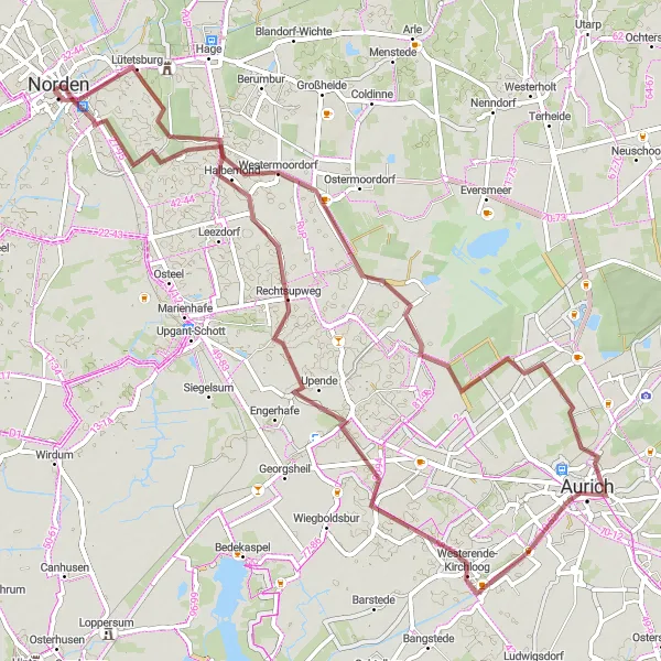 Map miniature of "Norden - Berumerfehn - Aurich - Oldeborg - Manningaberg - Bargebur" cycling inspiration in Weser-Ems, Germany. Generated by Tarmacs.app cycling route planner