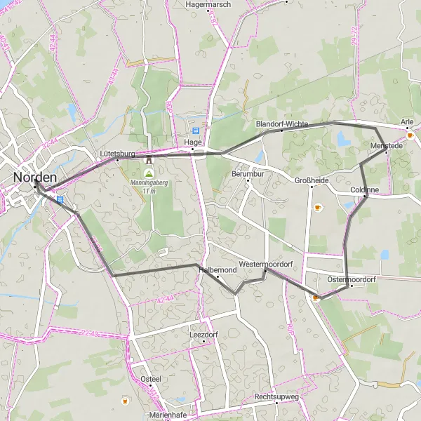 Karten-Miniaturansicht der Radinspiration "Natur pur und idyllische Dörfer in Norden" in Weser-Ems, Germany. Erstellt vom Tarmacs.app-Routenplaner für Radtouren